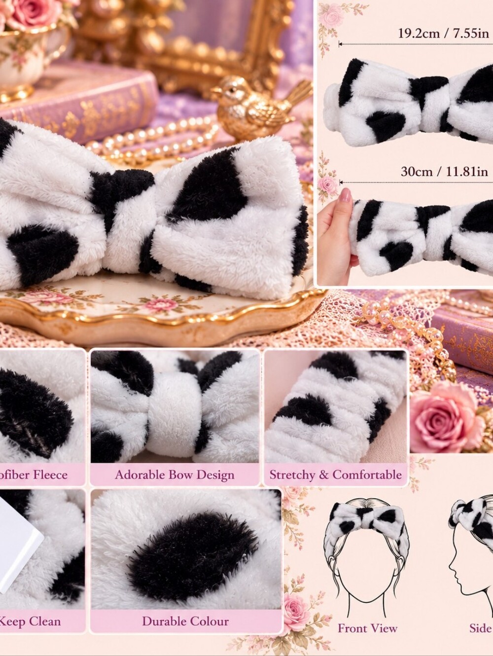 Black & White Polka Dot Print Plush Bow Spa Headband | Soft Stretch Hairband